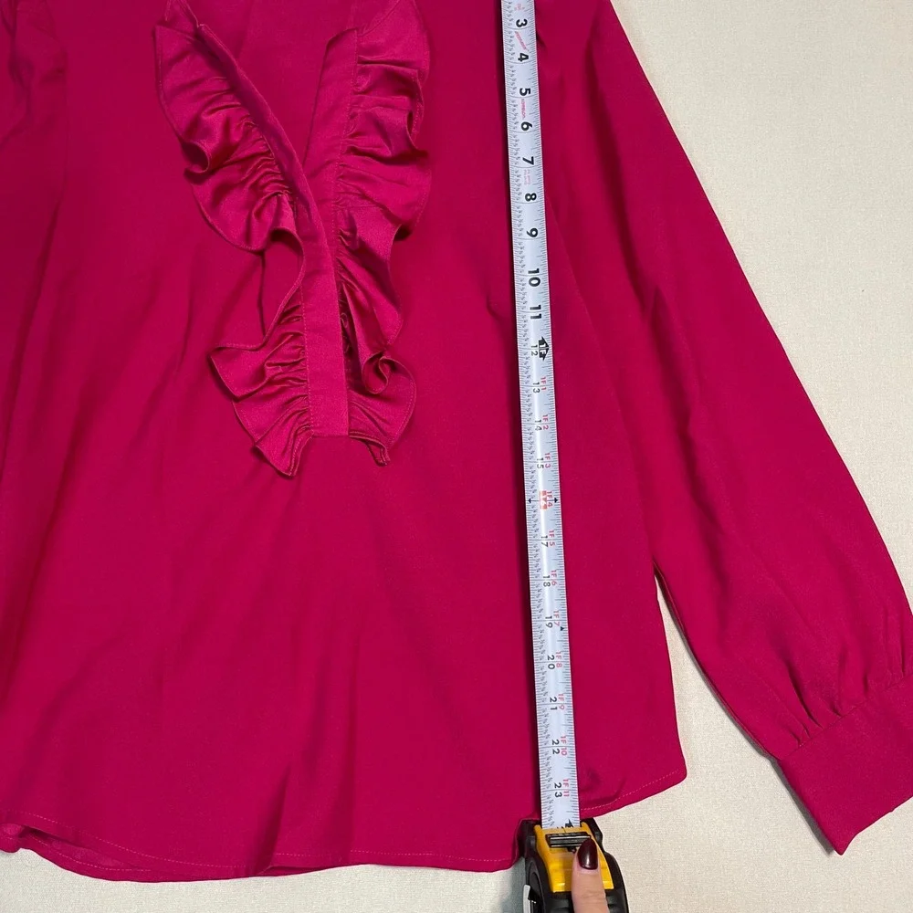 J. Crew Women's Pink Ruffle Front‎ Long Sleeve V Neck Blouse Shirt Top - Size S